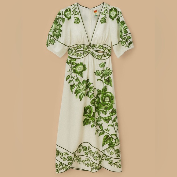 Farm Rio: Off-White Green Floral Cascade Lenzing™ Ecovero™ Euroflax™ Midi Dress - Picture 8 of 11